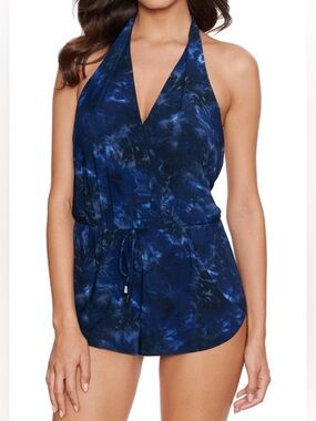 Magicsuit Bianca Swim Romper Size 16 Blue Black One Piece Halter Swimsuit XL NWT